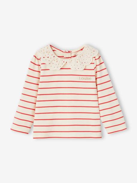 T-shirt col brodé bébé manches longues beige clair+rayé marine+rayé rouge 