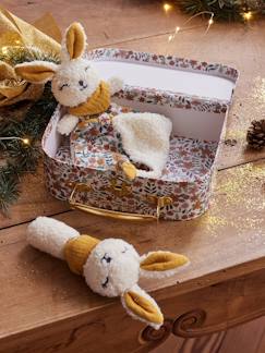 Jouet-Doudou plat lapin personnalisable + hochet en mallette