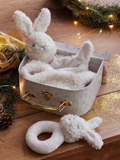 Jouet-Doudou lapin et hochet en sherpa personnalisable avec mallette