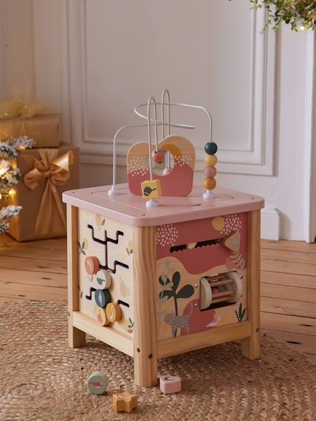 Grand cube d'activités en bois FSC® Beige LOVELY FARM+bleu+rose+rose+vert 