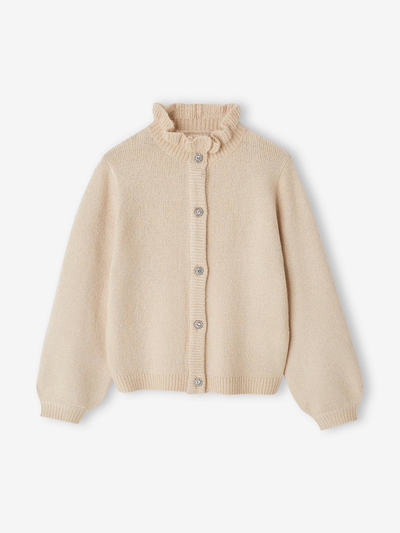 Mädchen Cardigan mit Kragen und Strassknöpfen wollweiß, Mädchen