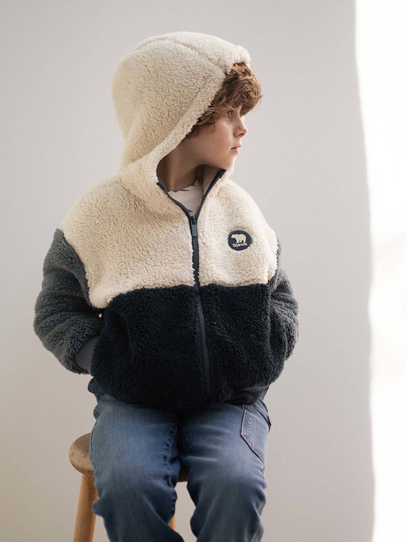 Jungen Teddyfleecejacke mit Kapuze schieferblau, Junge