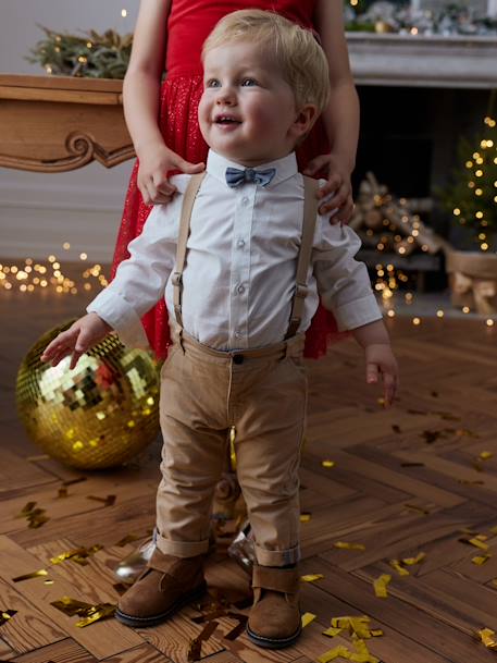 Ensemble 4 pièces bébé chemise + noeud papillon + pantalon + bretelles beige 