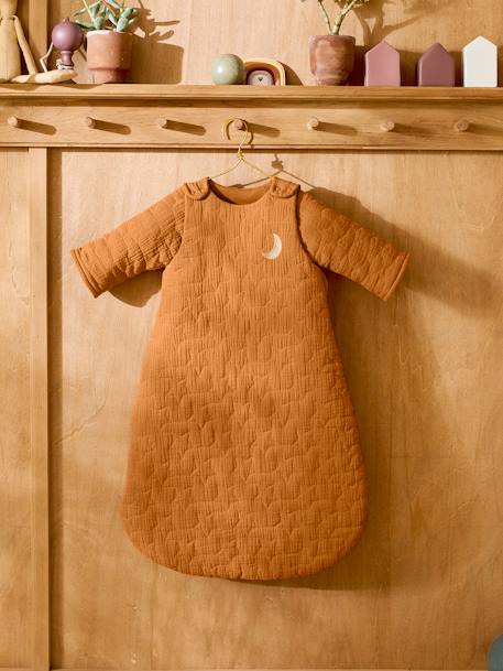 Bio-Kollektion: Baby Schlafsack mit abnehmbaren Ärmeln 'Traumnächte' - Baumwollgaze karamell+marine+wollweiß 