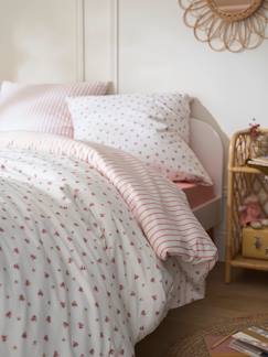 Linge de maison et décoration-Parure fourre de duvet et taie d'oreiller réversible FLEURS RAYURES, avec coton recyclé