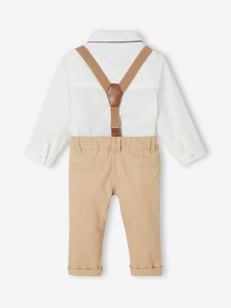 Ensemble 4 pièces bébé chemise + noeud papillon + pantalon + bretelles beige 