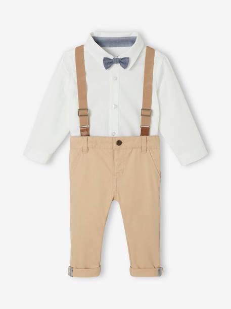 Ensemble 4 pièces bébé chemise + noeud papillon + pantalon + bretelles beige 