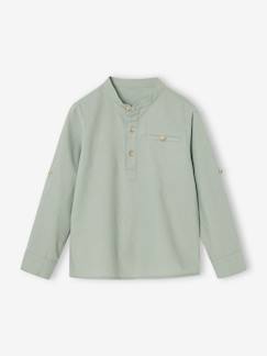 Garçon-Chemise-Chemise col Mao en coton/lin garçon manches retroussables
