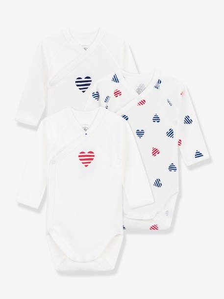 Lot de 3 bodies croisés coeurs rayés bébé en coton manches longues blanc 