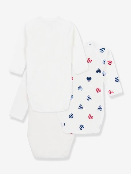 Lot de 3 bodies croisés coeurs rayés bébé en coton manches longues blanc 