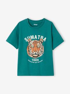 Junge-T-Shirt, Poloshirt, Unterziehpulli-Jungen T-Shirt mit Tiger und Recycling-Baumwolle