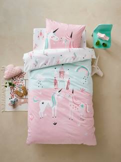 Linge de maison et décoration-Linge de lit enfant-Parure Fourre de duvet+ taie d'oreiller fille LICORNES MAGIQUES