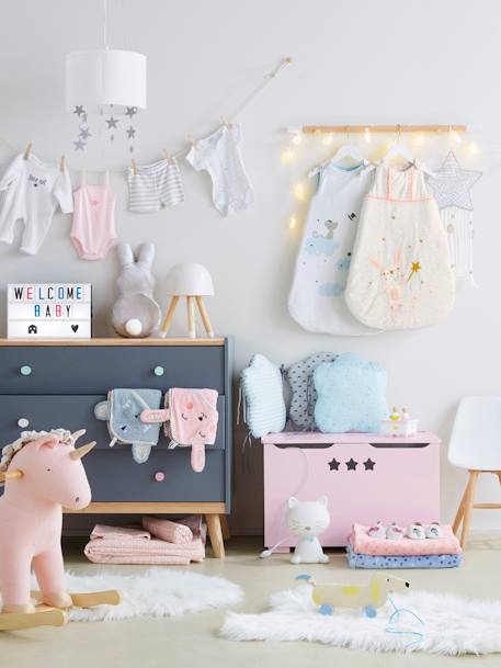 Kindertruhe mit Sternen Grau+Rosa+Weiss 