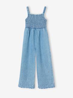 Fille-Salopette, combinaison-Combinaison à mocks brodée fleurs fille en denim léger