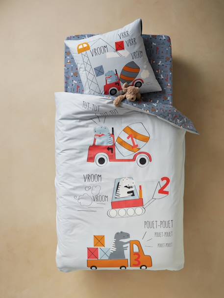 Set aus Bett- und Kissenbezug „Dino Truck“ BLAUGRAU 