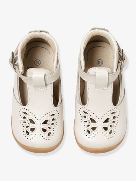 Sandales cuir bébé fille premiers pas BLANC PERLE+ROSE METALISE 