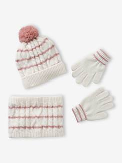 Mädchen-Accessoires-Strick-Set mit Zopfmuster: Mütze, Rundschal & Handschuhe für Mädchen
