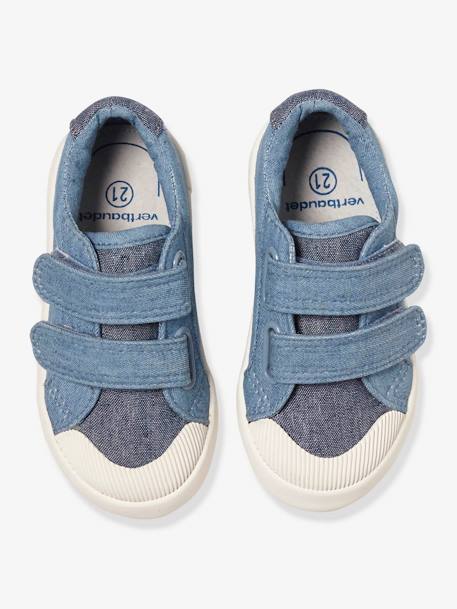 Tennis scratchées bébé garçon en toile BLANC+BLEU DENIM+ROUGE 