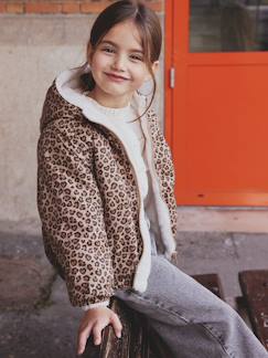 Mädchen-Mantel, Jacke-Regenjacke, Trenchcoat-Wendbare Mädchen Kapuzenjacke mit Leomuster und Teddyfleece