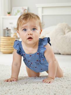 Baby Kurzoverall aus luftigem Denim, Erdbeeren-Stickerei