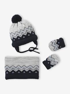 Bébé-Accessoires-Bonnet, écharpe, gants-Ensemble jacquard bonnet, snood et moufles bébé