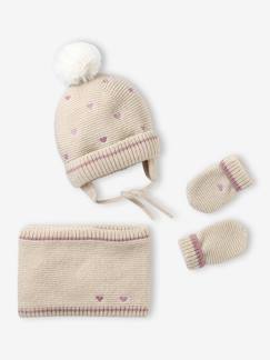 Bébé-Accessoires-Bonnet, écharpe, gants-Ensemble coeurs brodés bonnet, snood et moufles bébé