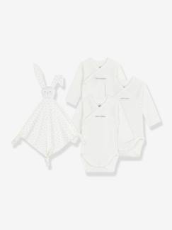 Bébé-Coffret naissance 3 bodies en coton brodé et doudou lapin
