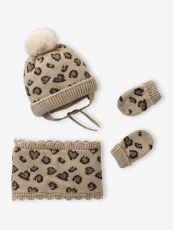 Bébé-Accessoires-Bonnet, écharpe, gants-Ensemble léopard coeurs bonnet, snood et moufles bébé