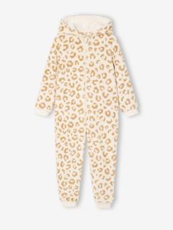 Mädchen-Pyjama, Overall-Schlafanzug mit Leo-Print und Kapuze aus Teddyfleece, Mädchen