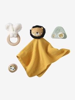 Coffret cadeau 4 pièces : doudou personnalisable + anneau de dentition + hochet + boîte à musique en bois FSC®