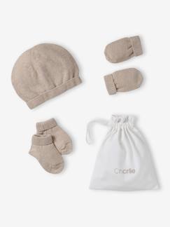 Bébé-Accessoires-Ensemble naissance bonnet, moufles et chaussons et son pochon personnalisable