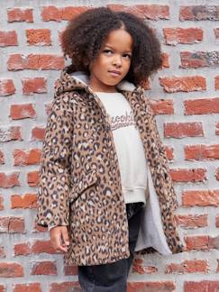 Mädchen-Mantel, Jacke-Mantel, Parka, Blouson-Mädchen Leoparden-Mantel mit Kapuze aus Wollmix